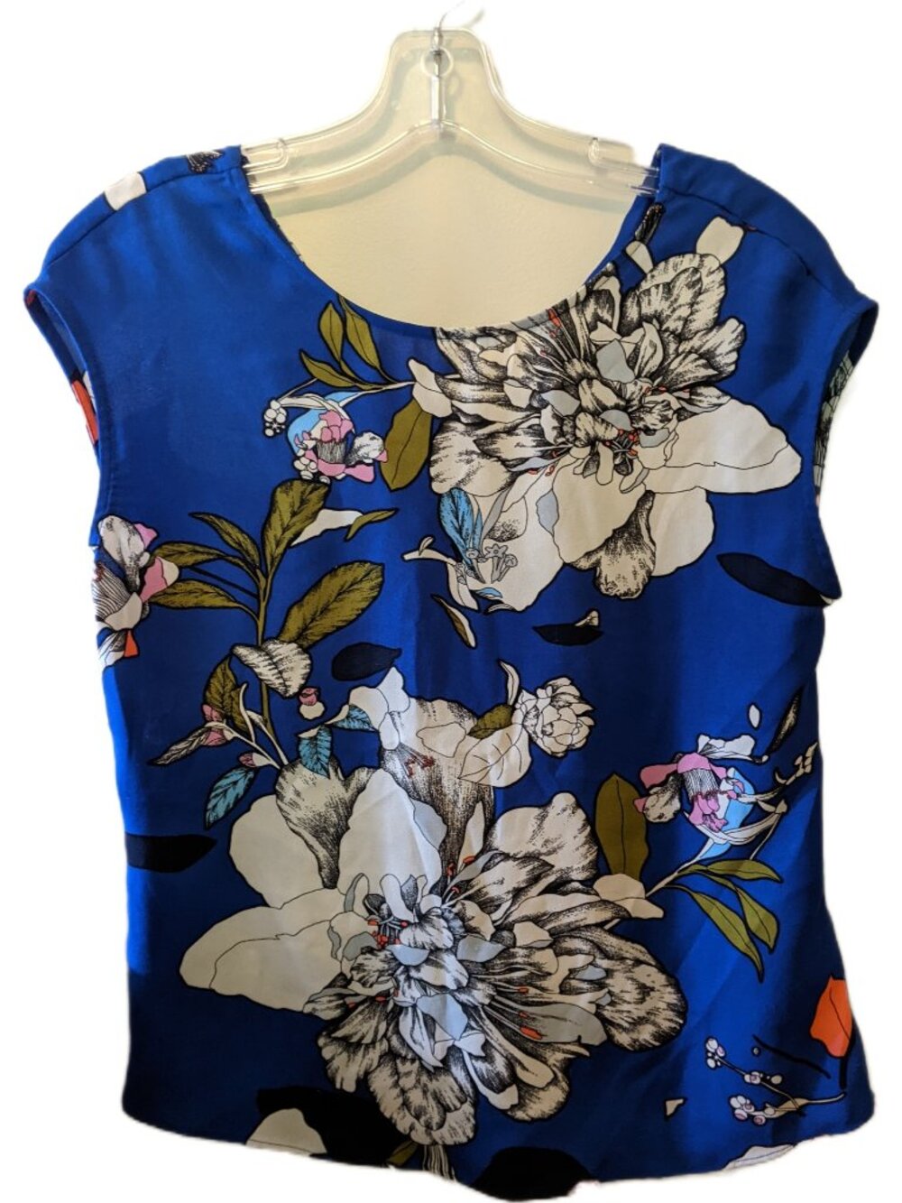 Cleo Royal Blue Large Floral Print Cap Sleeve Blouse Botanical Office Top Flowy